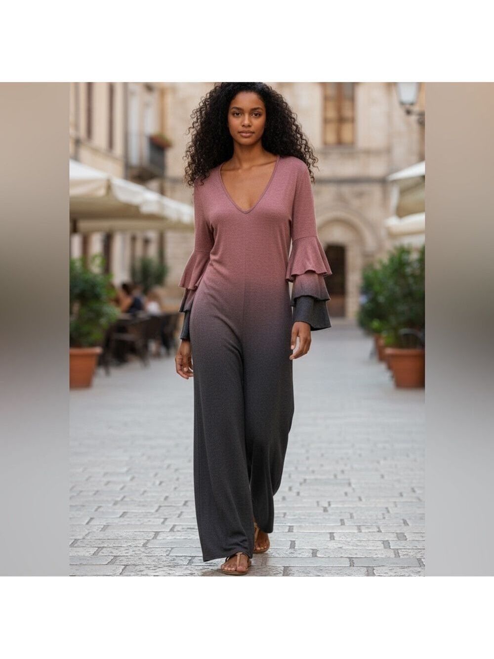 CHASER X REVOLVE LONG TIER RUFFLE SLEEVE JUMPSUIT SIZE S (20”-24” PTP) NWT